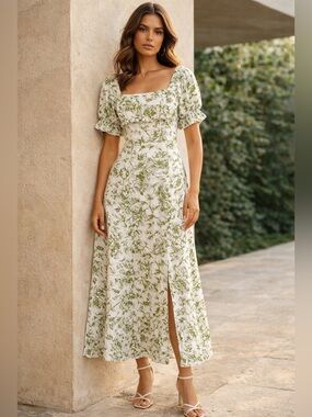 Greylin Triana Green Floral Botanical Toile Smocked Midi Dress puffed sleeves